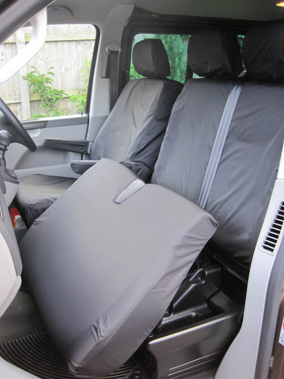 VW Volkswagen Transporter T5 2010 - 2015 Front Seat Covers Black / Driver's &amp; Double Passenger / With Armrests Turtle Covers Ltd