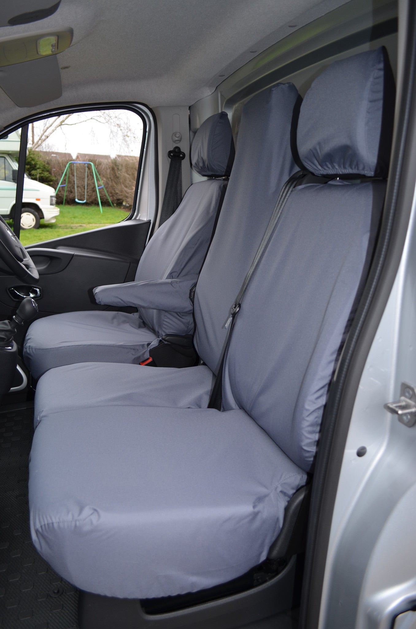 Renault Trafic Van 2014 Onwards Tailored Front Seat Covers Grey / Folding Middle Seat &amp; Underseat Storage Turtle Covers Ltd