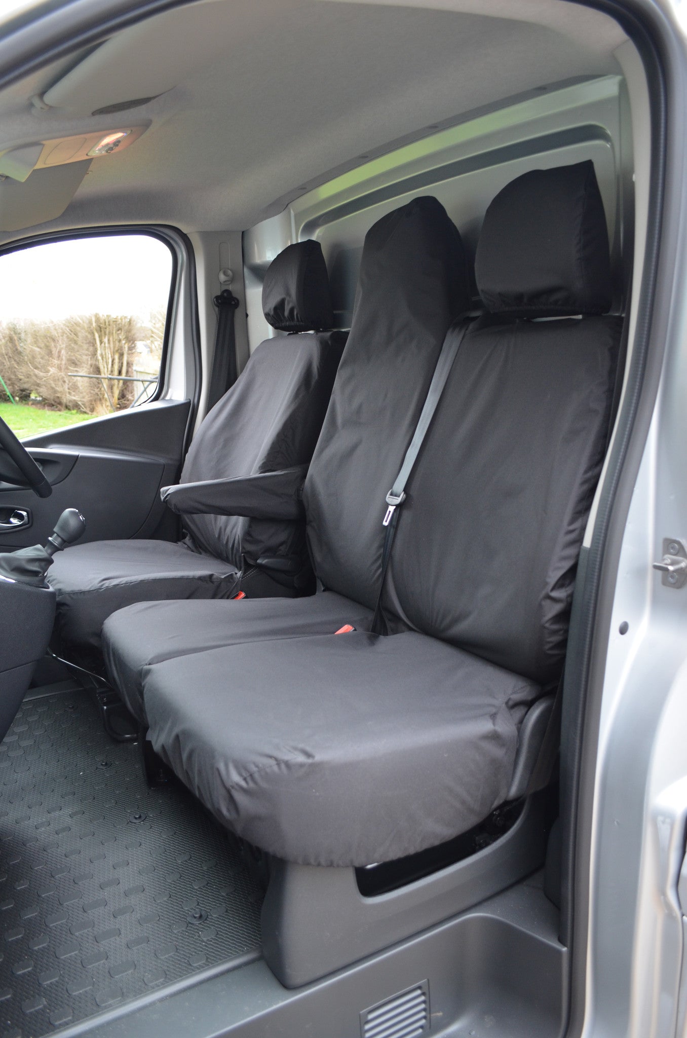 Nissan NV300 2016+ Waterproof and Tailored Front Seat Covers Black / Folding Middle Seat & Underseat Storage Turtle Covers Ltd