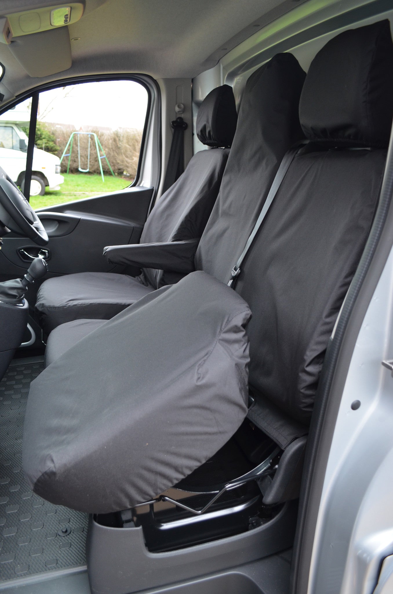 Vauxhall Vivaro 2014 - 2019 Tailored Front Seat Covers Black / Folding Middle Seat &amp; Underseat Storage Turtle Covers Ltd