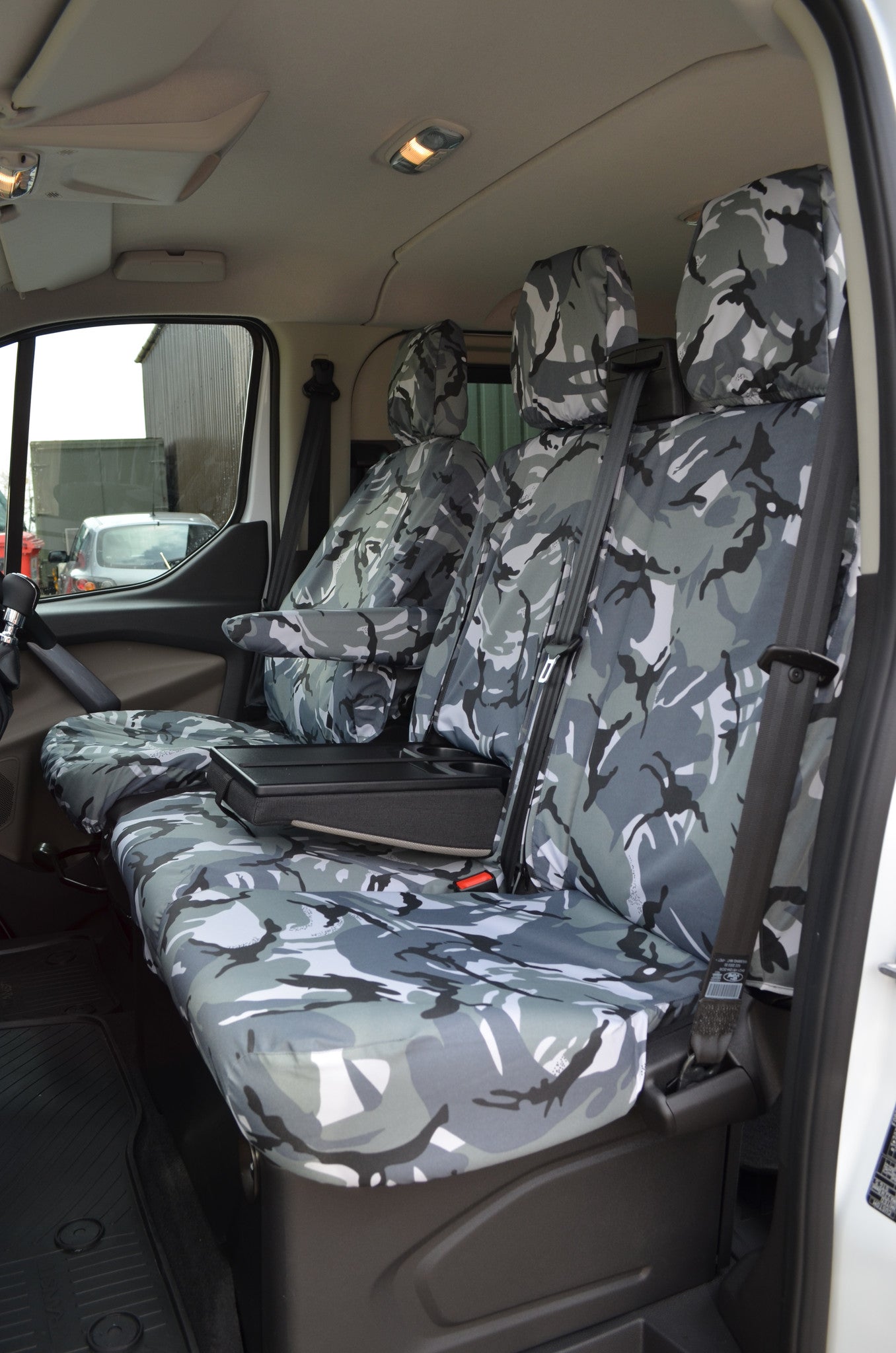 Ford Transit Custom 2013 Onwards Tailored Front Seat Covers Grey Camouflage / Driver's & Double Passenger WITH Worktray Turtle Covers Ltd