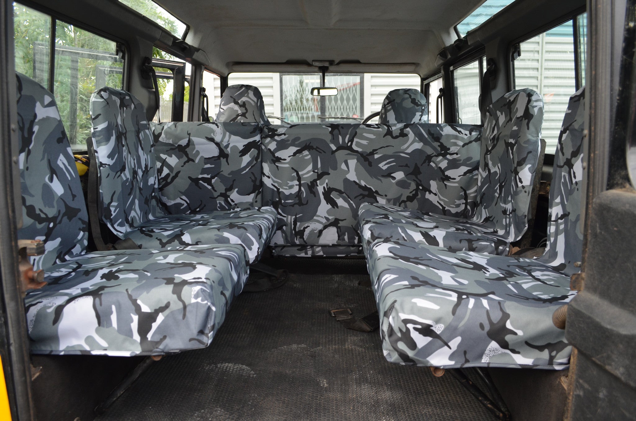 Land Rover Defender 1983 - 2007 Rear Seat Covers Set of 4 Dicky Seats / Grey Camouflage Turtle Covers Ltd