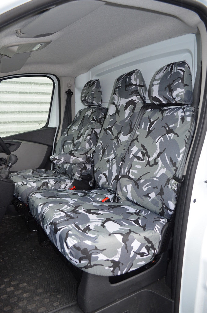 Vauxhall Vivaro 2014 - 2019 Tailored Front Seat Covers Grey Camouflage / Folding Middle Seat &amp; Underseat Storage Turtle Covers Ltd
