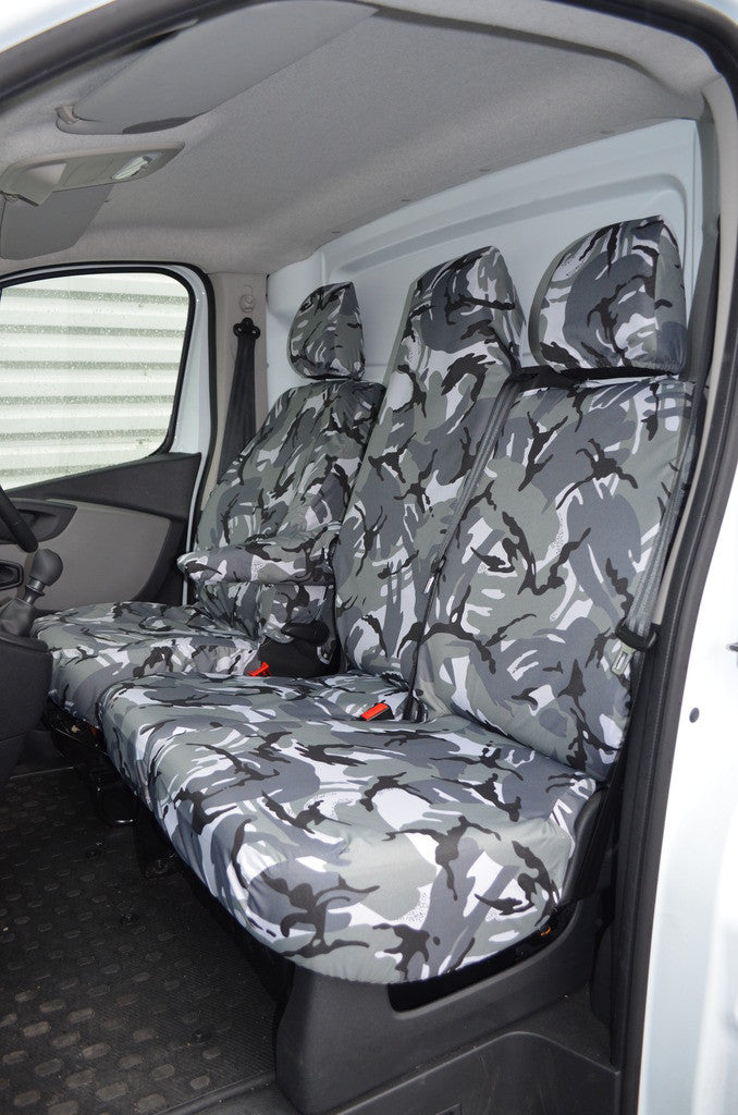 Vauxhall Vivaro 2014 - 2019 Tailored Front Seat Covers Grey Camouflage / Folding Middle Seat & Underseat Storage Turtle Covers Ltd