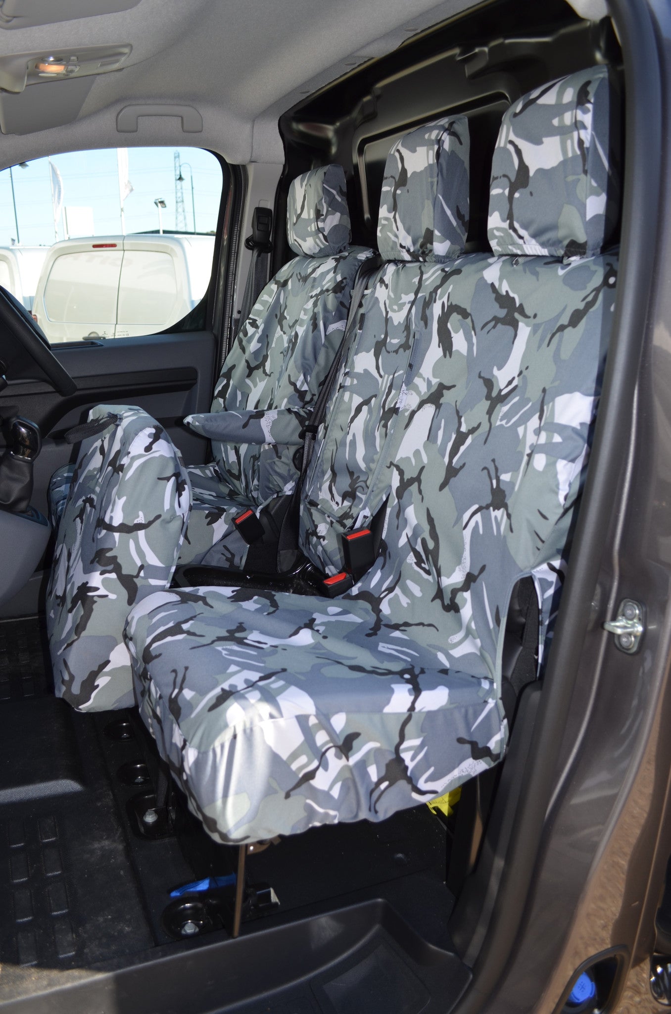 Vauxhall Vivaro 2019+ Seat Covers Grey Camouflage / With Worktray Turtle Covers Ltd