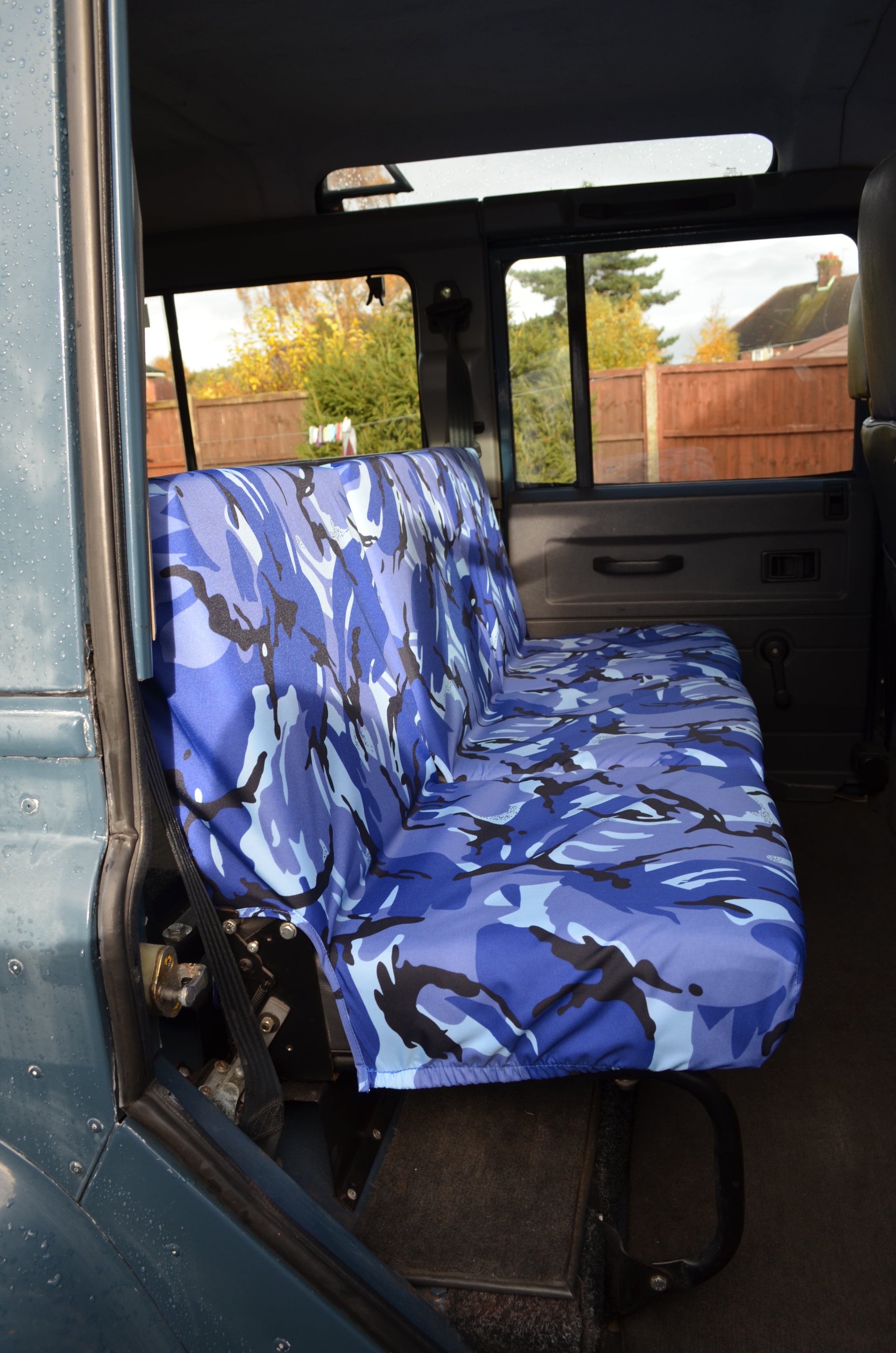 Land Rover Defender 1983 - 2007 Rear Seat Covers 2nd Row 3 Singles / Blue Camouflage Turtle Covers Ltd
