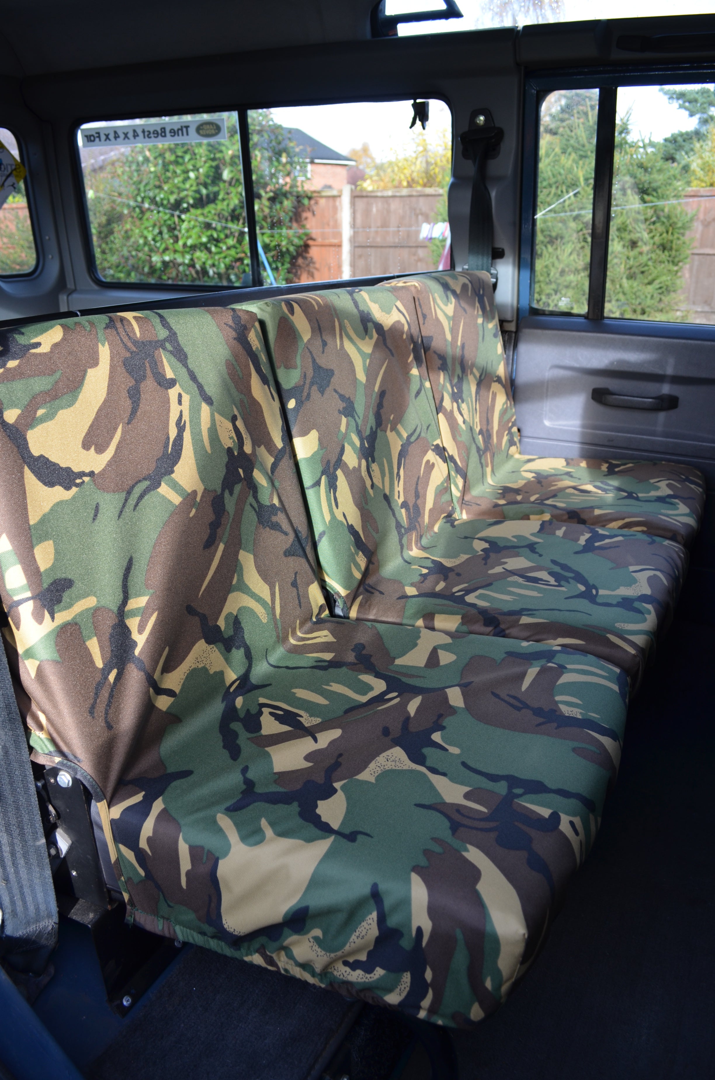 Land Rover Defender 1983 - 2007 Rear Seat Covers 2nd Row 3 Singles / Green Camouflage Turtle Covers Ltd