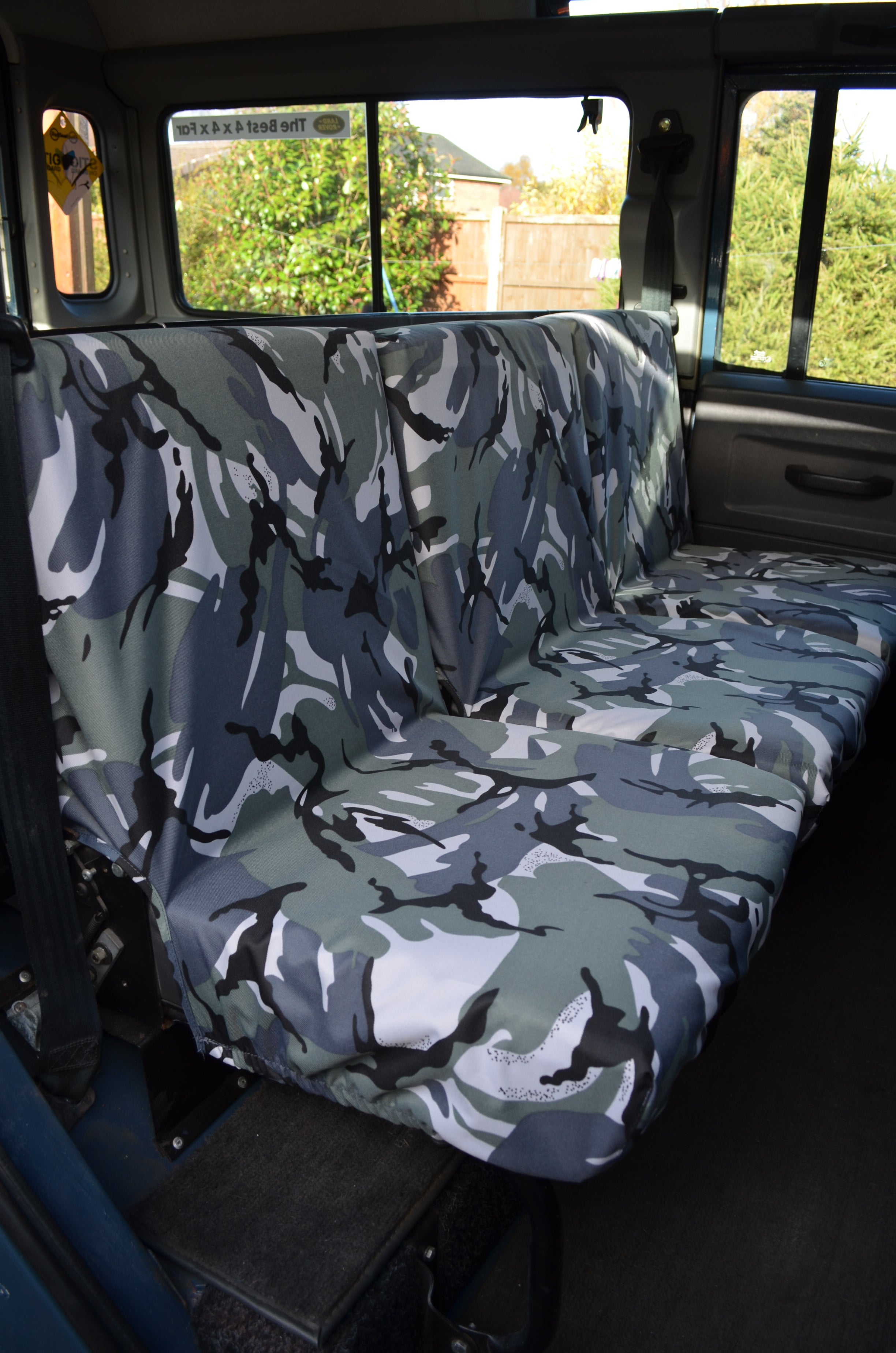 Land Rover Defender 1983 - 2007 Rear Seat Covers 2nd Row 3 Singles / Grey Camouflage Turtle Covers Ltd