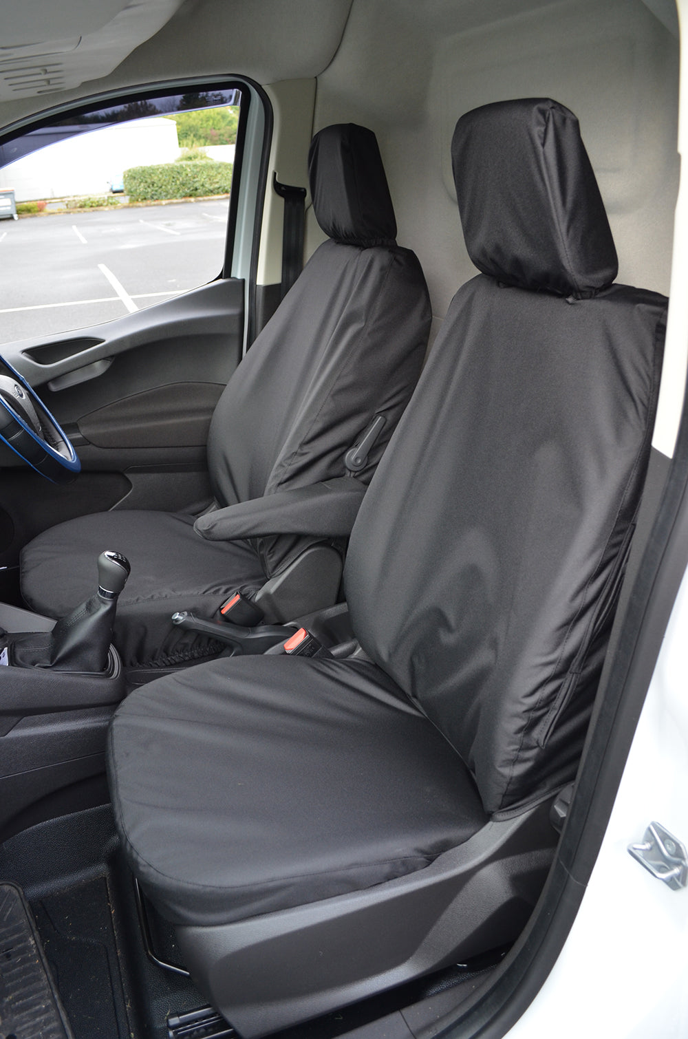 Ford Transit Courier 2014+ Tailored Waterproof Seat Covers Driver's Seat and Non-Folding Passenger Seat / Black Turtle Covers Ltd
