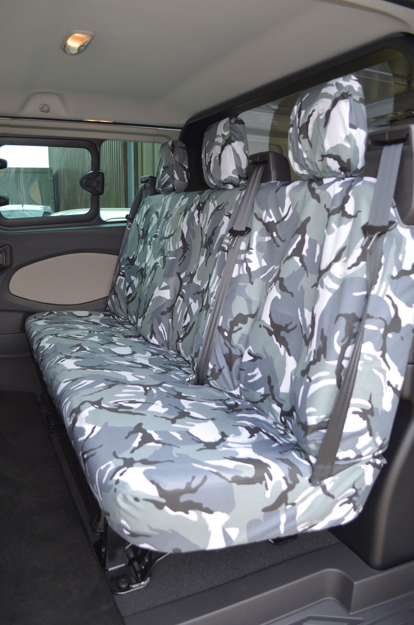 Ford Transit Custom 2013+ Tailored &amp; Waterproof Rear 3-Seater Bench Seat Cover Grey Camouflage Turtle Covers Ltd