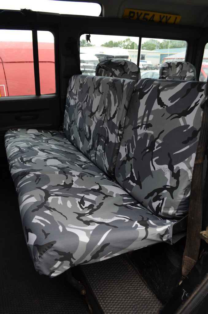 Land Rover Defender 1983 - 2007 Rear Seat Covers 2nd Row Single &amp; Double / Grey Camouflage Turtle Covers Ltd
