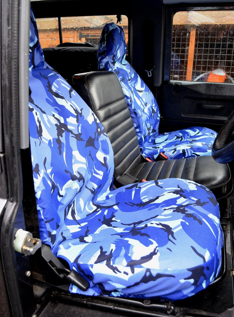 Land Rover Defender 1983 - 2007 Front Seat Covers Front Pair / Blue Camouflage Turtle Covers Ltd