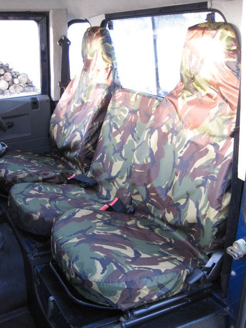 Land Rover Defender 1983 - 2007 Front Seat Covers 3 Front Seats / Green Camouflage Turtle Covers Ltd